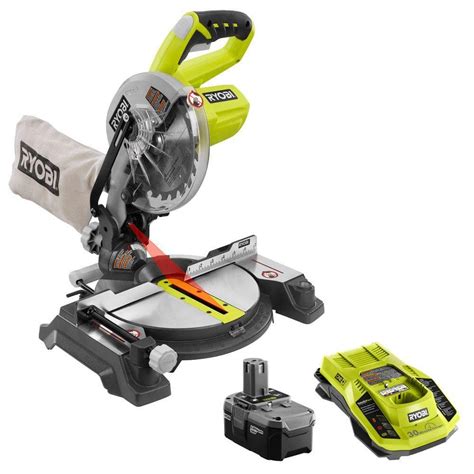 With an adjustable 0 degrees - 45 degrees. . Ryobi miter saw 18 volt